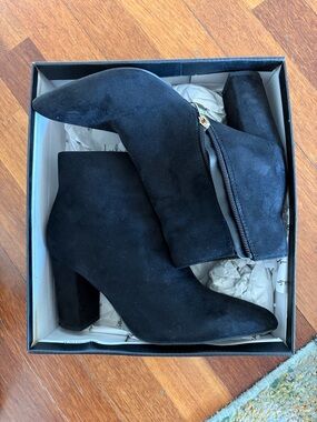 Lulu's Black Suede Pointed Toe Ankle Booties with Block Heel